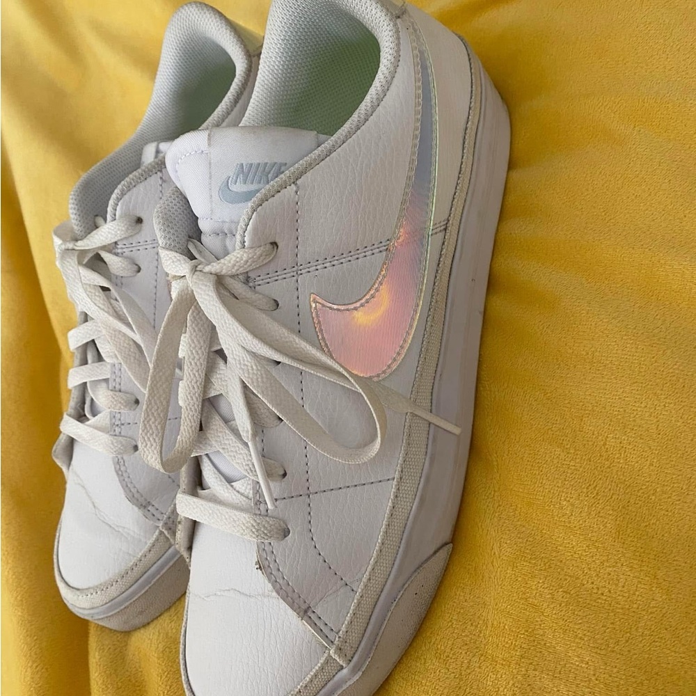 Nike White Sneakers with Iridescent Swoosh
